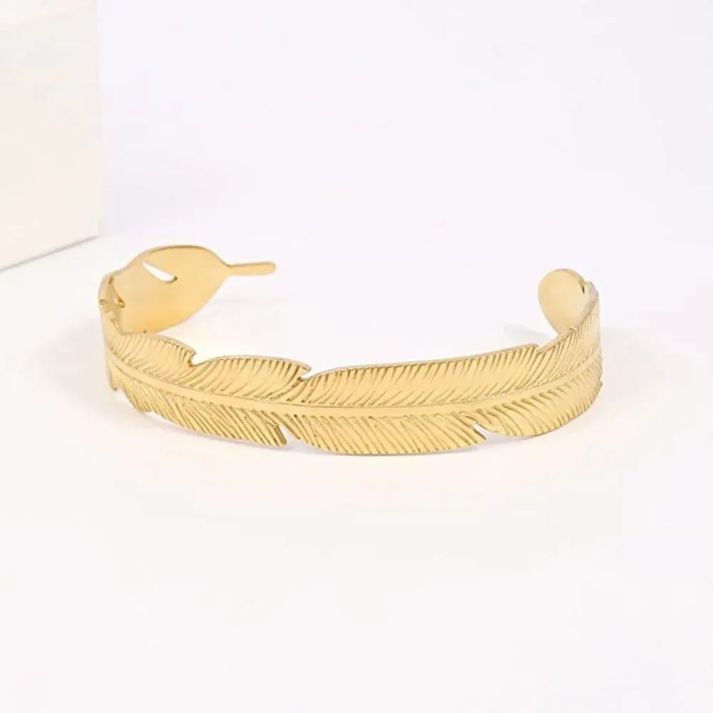 Feather Cuff Bangle Bracelet in Gold
